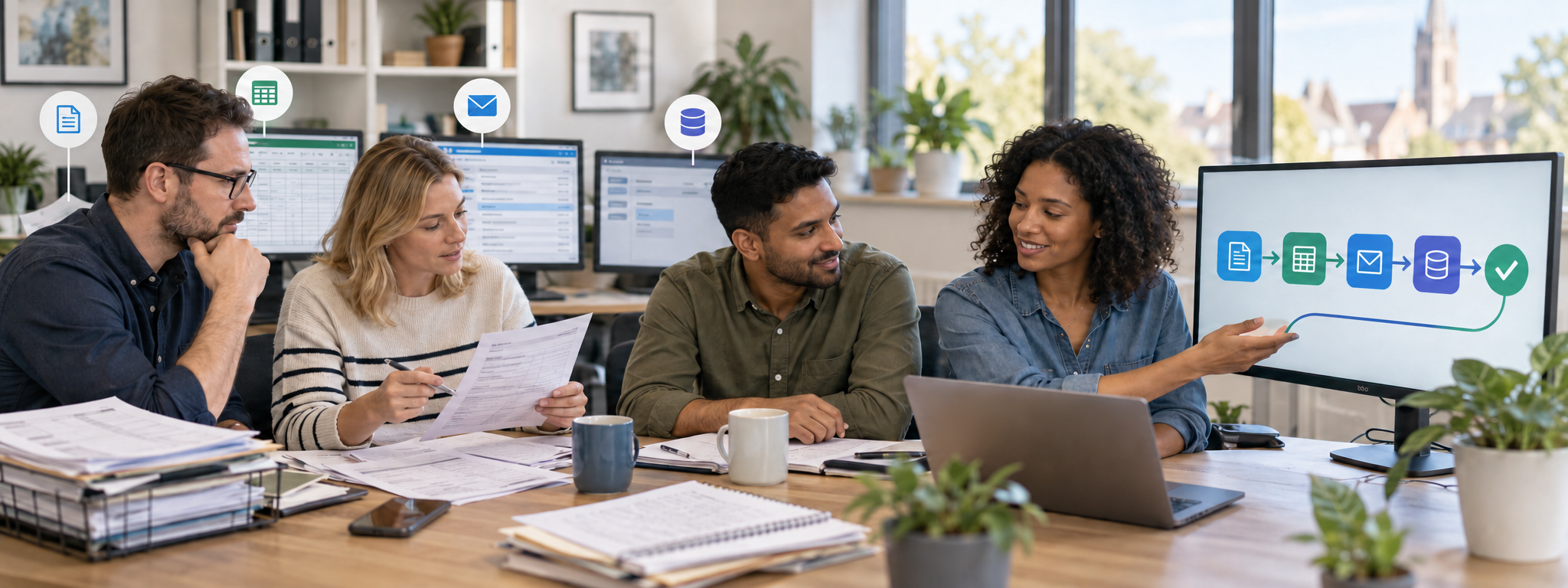 A small-business team reviewing paper, spreadsheet and email processes to identify practical improvements