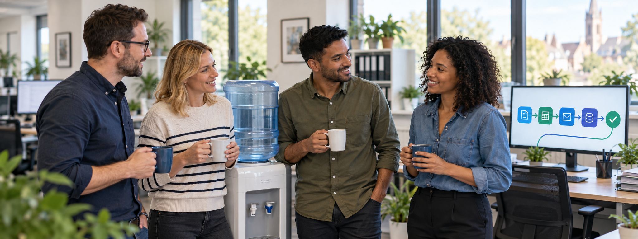 Colleagues enjoying time together while an automated business workflow handles routine tasks.