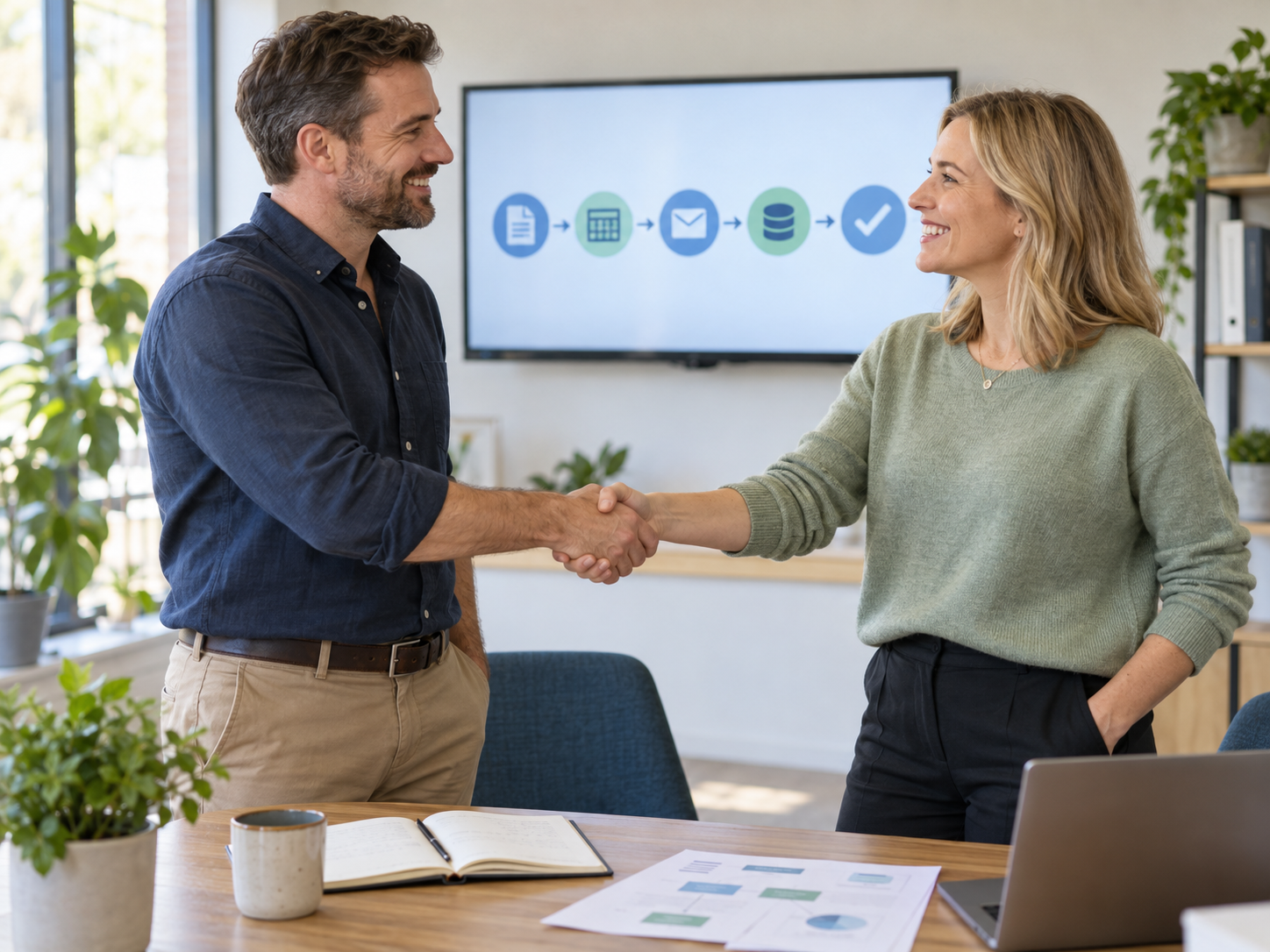 Two business professionals shaking hands after agreeing on a practical automation solution.