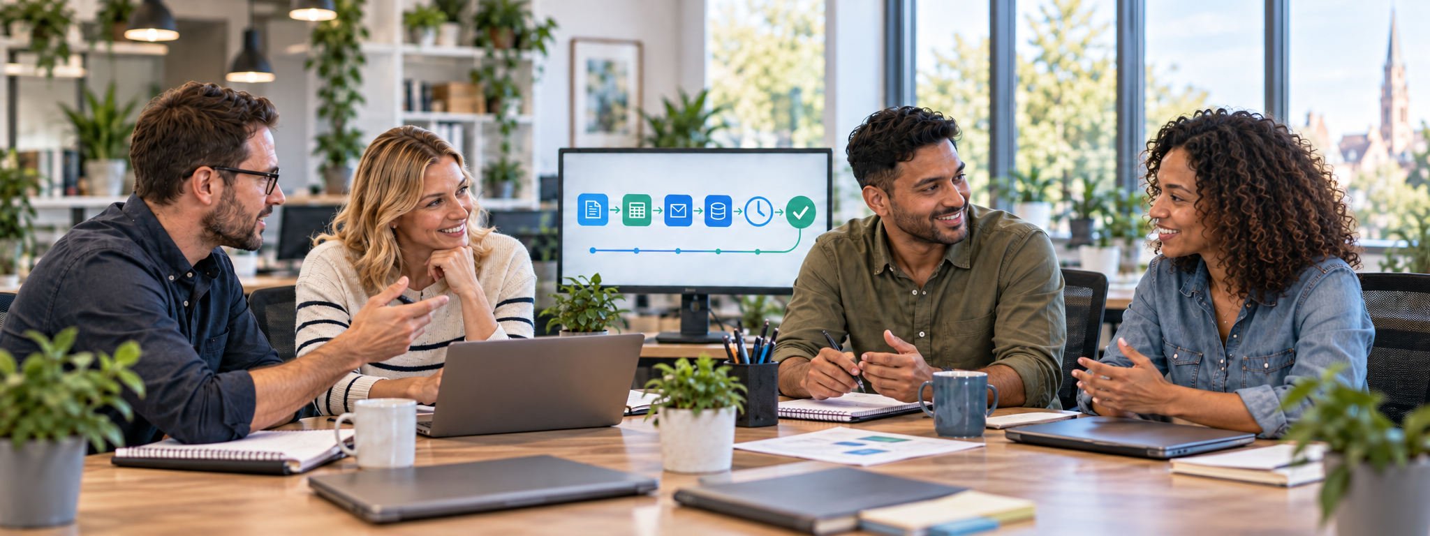 Four Colleagues Collaborate Around One Workflow