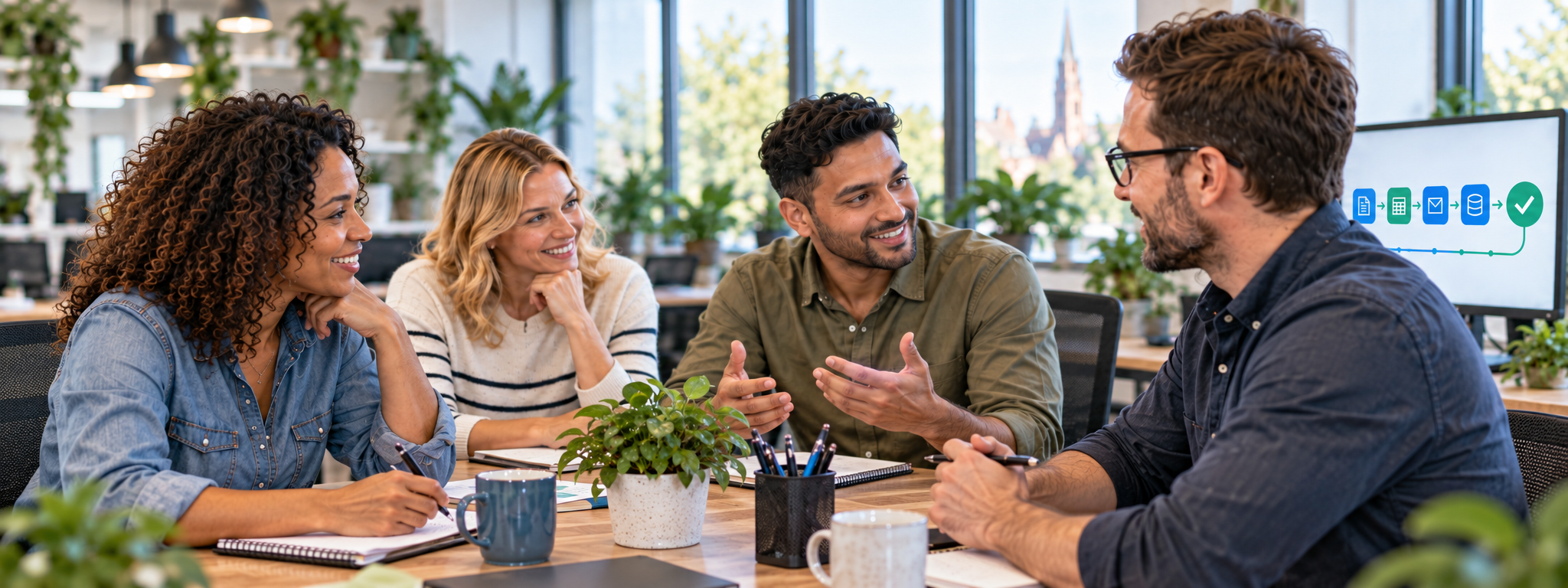 Colleagues enjoying time together while an automated business workflow handles routine tasks.